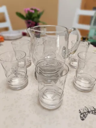 Juego Jarra y Vasos Cristal Vintage Grabado