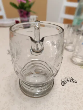 Juego Jarra y Vasos Cristal Vintage Grabado