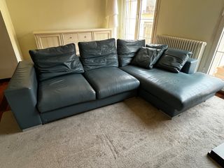 Sofá Chaise Longue Piel Azul/Gris