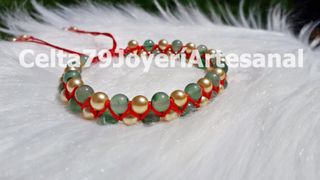 Pulsera artesanal cuarzo verde y cuentas doradas