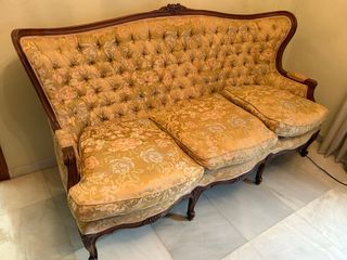 Sofá y 2 sillones vintage tela y madera