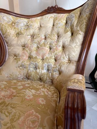 Sofá y 2 sillones vintage tela y madera