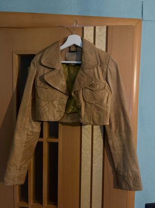 Chaqueta torera piel beige/marrón