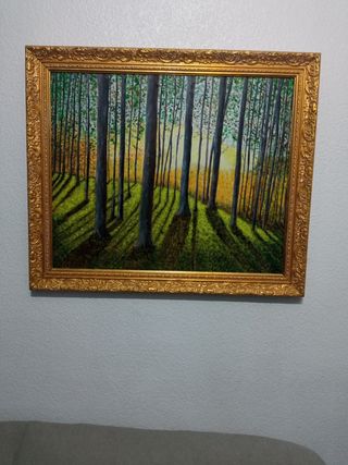 Cuadro de bosque con marco dorado