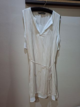 Vestido gasa verano beige y blanco