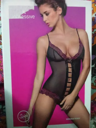 Body de encaje Obsessive negro y rosa