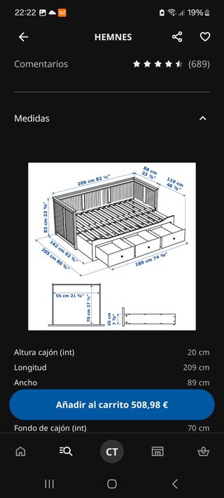 Cama Diván Ikea Hemnes Madera y Tela