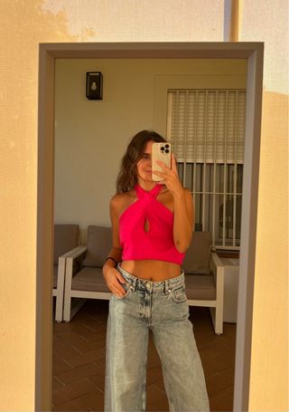 Top rosa halter cruzado