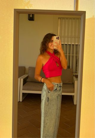 Top rosa halter cruzado