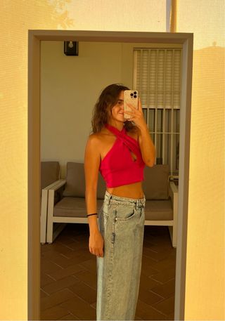Top rosa halter cruzado