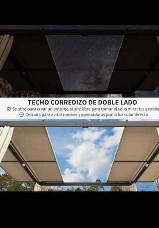 Pérgola con techo corredizo y cortinas