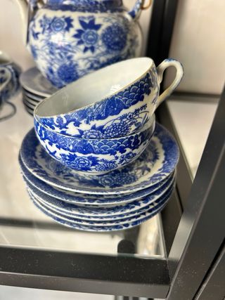 Juego de té porcelana fina azul y blanco