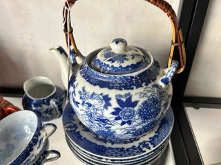 Juego de té porcelana fina azul y blanco