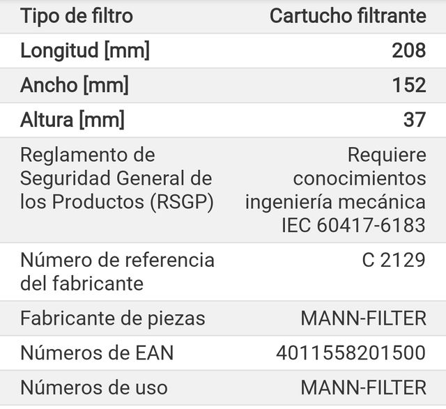 Filtro de aire MAN C 2129