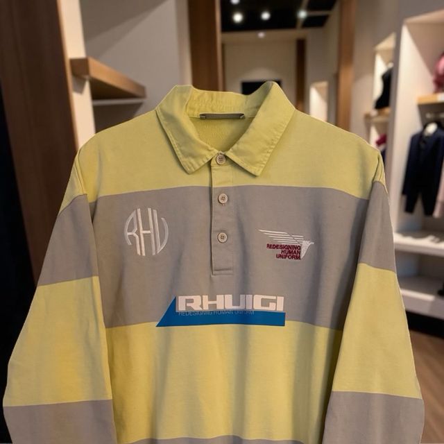Rhude Polo Manga Larga Rayas Gris Amarillo