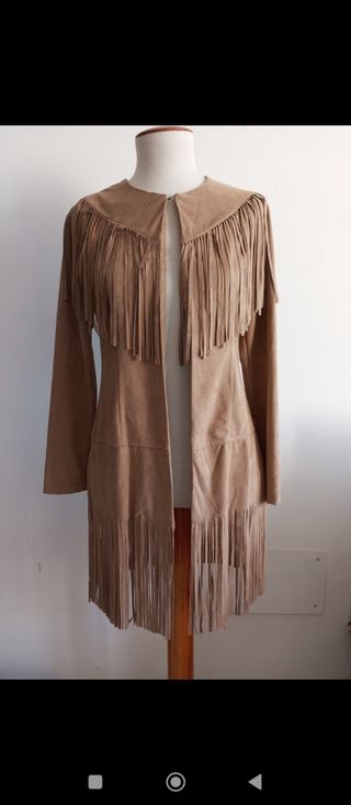 Chaqueta larga flecos beige talla S