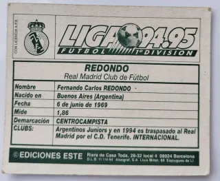 Cromo Redondo Real Madrid Liga 94/95