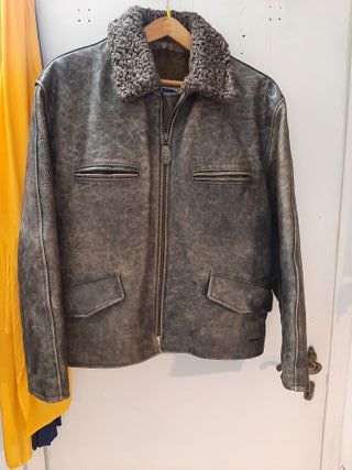 Giacca pelle chiodo vintage collo pelliccia XL