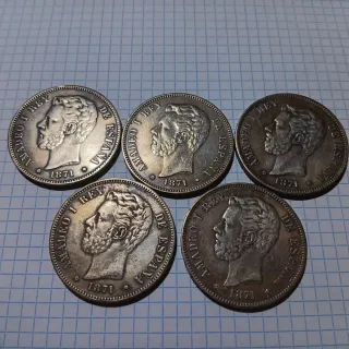 5 Monedas 5 Pesetas 1871 Amadeo I Rey