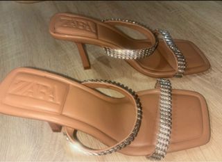 Sandalias Zara Tacon Brillantes Marron Plata