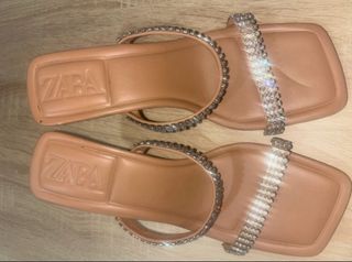 Sandalias Zara Tacon Brillantes Marron Plata