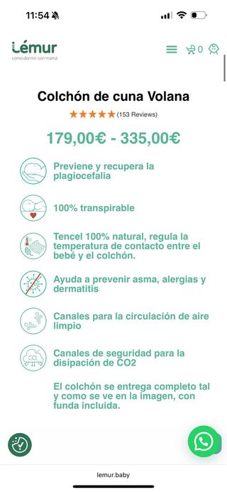 Cuna bebé de haya + colchón Volana Lémur.
