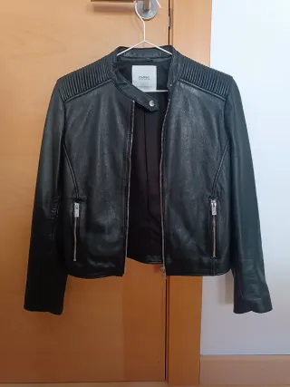 Cazadora Biker Piel Mango Negra