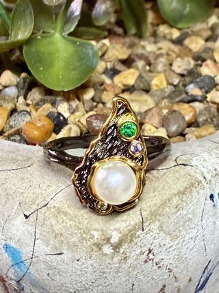 Anillo Plata Ley Baño Oro Negro Piedras