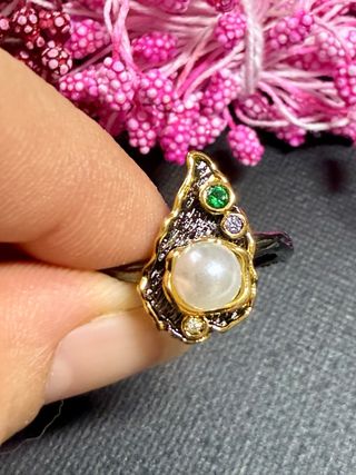 Anillo Plata Ley Baño Oro Negro Piedras
