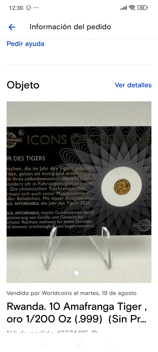 Rwanda 10 Amafranga Tiger Oro 1/200 Oz