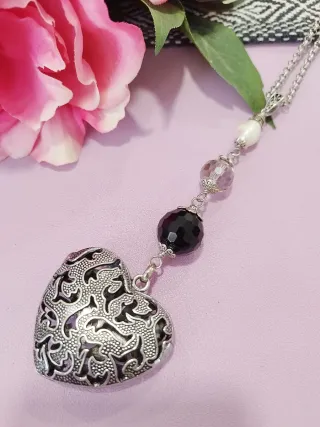 Collana lunga cuore pietre nere e perla