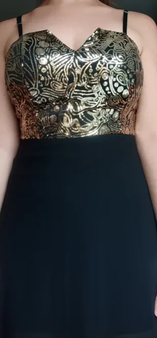 Vestido largo fiesta lentejuelas negro y dorado