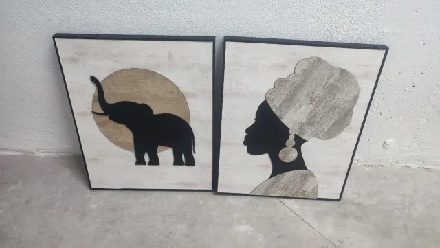 Cuadro relieve elefante y mujer africana