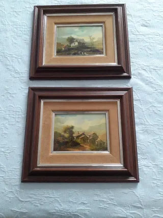 2 Cuadros Pintura Paisaje Marco Madera Terciopelo 