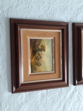 2 Cuadros Pintura Paisaje Marco Madera Terciopelo 