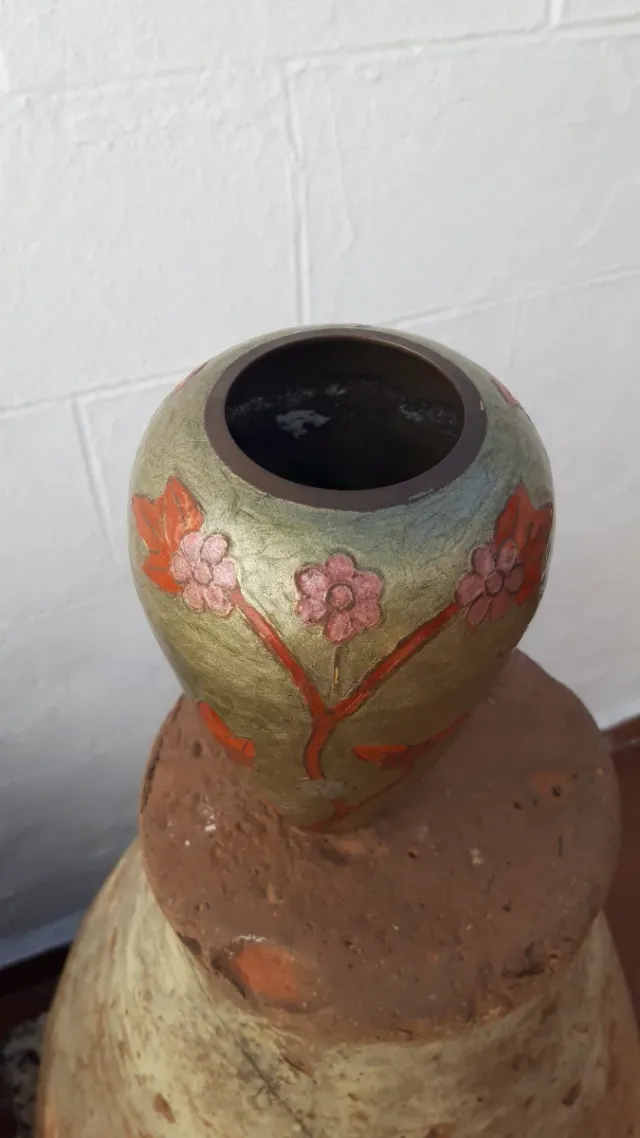 Vaso cinese Cloisonne Owls in oro e verde