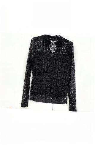 Maglia camicia pizzo nero S colletto foderata