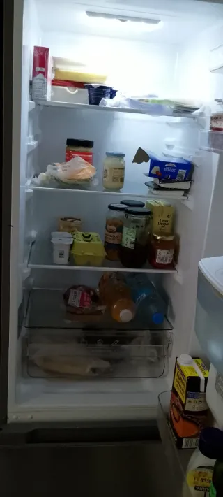 Frigorífico combi plateado con dispensador