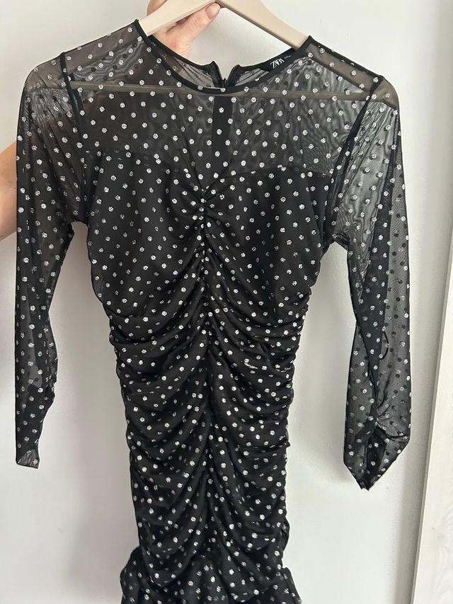 Vestido Zara Negro Lunares Plateados