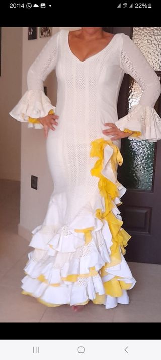 Vestido Flamenca Talla 38 Blanco y Amarillo