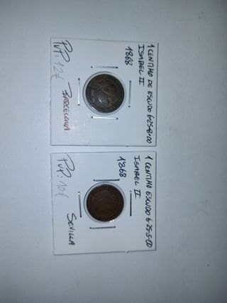 Lote 2 monedas 1 céntimo Escudo Isabel II 1868