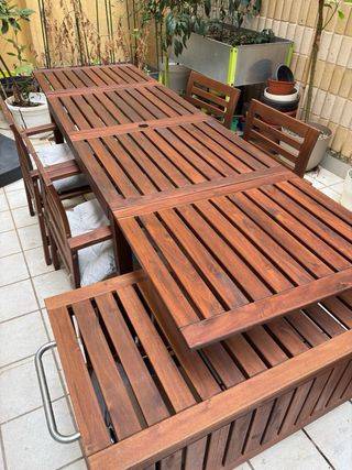 Conjunto Mesa Sillas Banco y Sombrillas Jardín