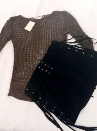 Conjunto Falda Negra y Jersey Marrón Talla S