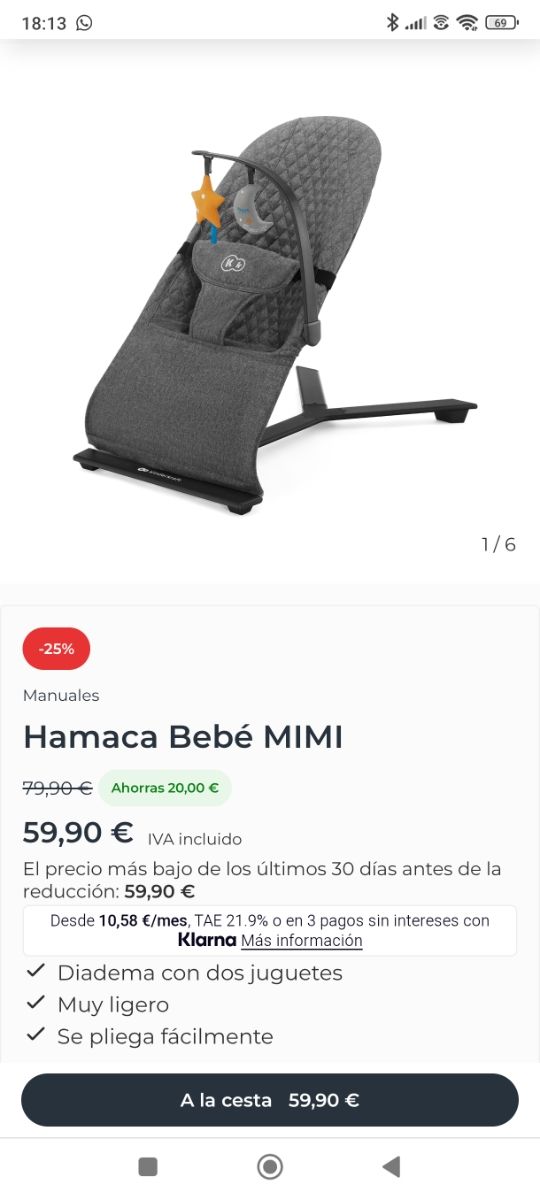 Hamaca Bebé MIMI, color gris NUEVA sin usar
