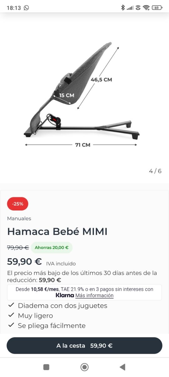 Hamaca Bebé MIMI, color gris NUEVA sin usar