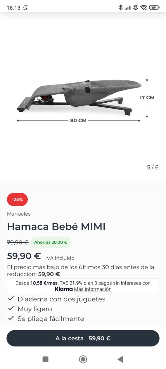 Hamaca Bebé MIMI, color gris NUEVA sin usar