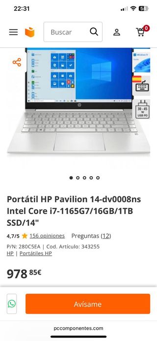 Portátil HP Pavilion 14-dv0008ns para piezas