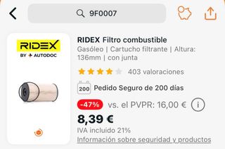 Filtro Combustible RIDEX Volkswagen Caddy 9F0007