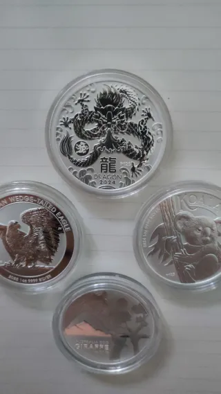 Pack 4 Monedas Plata Dragón, Águila, Koala, Jirafa