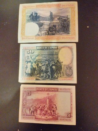 Lote 3 Billetes Españoles: 100, 50 y 25 Pesetas